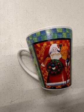 Stoneware Christmas Santa Claus Coffee Mug with Green and Blue Checkered Rim